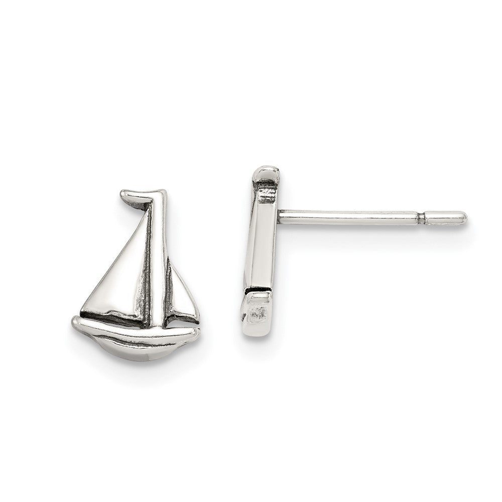 Sterling Silver Polished and Antiqued Sailboat Post Earrings, 10 x 8 mm