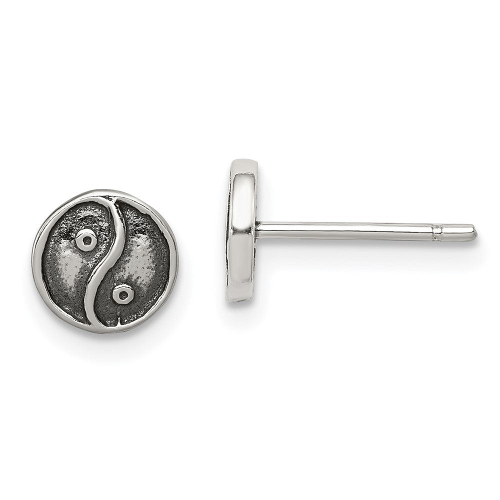 Sterling Silver Polished and Antiqued Yin Yang Sign Post Earrings, 7 x 7 mm