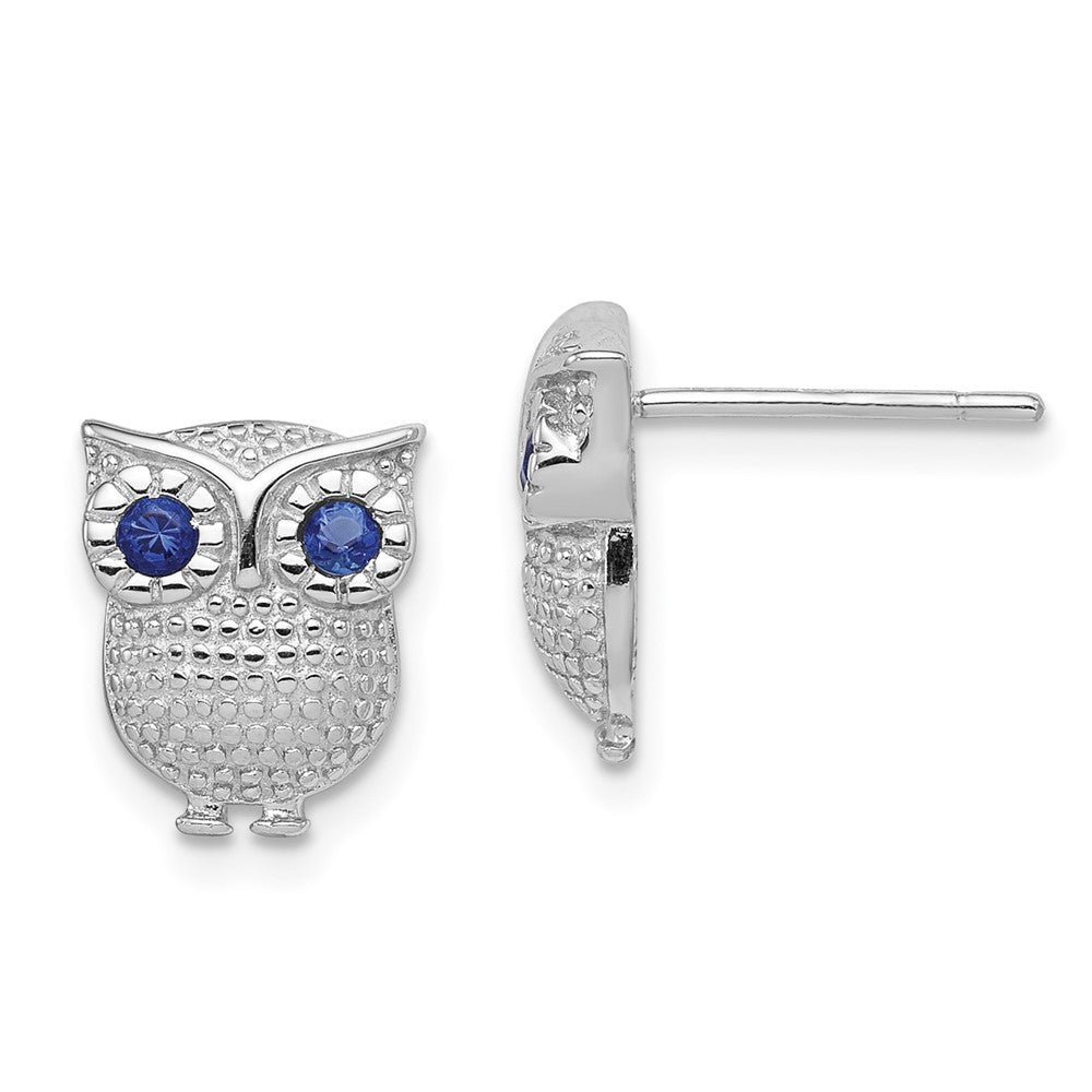Sterling Silver RH-plated Blue Glass Owl Post Earrings, 11 x 9 mm