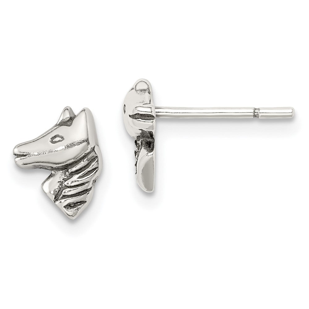 Sterling Silver Polished and Antiqued Horse Post Earrings, 7 x 8 mm