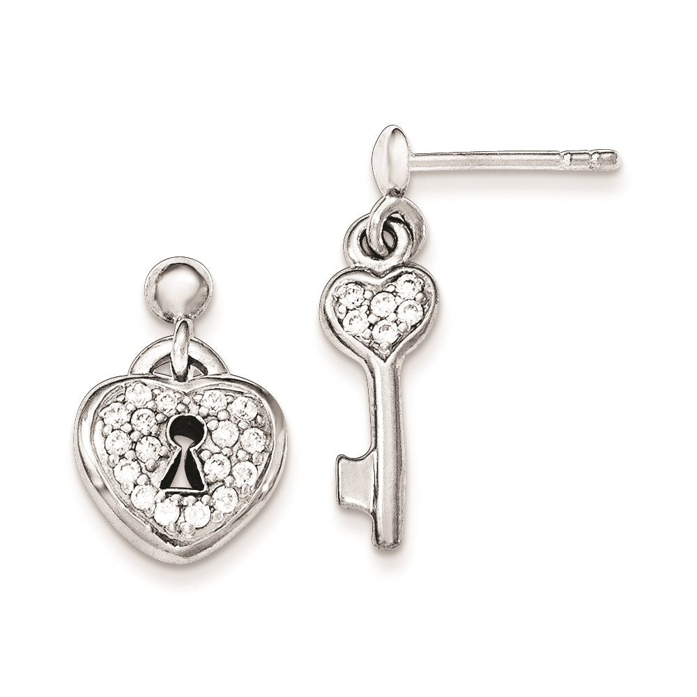 Sterling Silver Polished CZ Heart Lock & Key Post Dangle Earrings, 22 x 12 mm