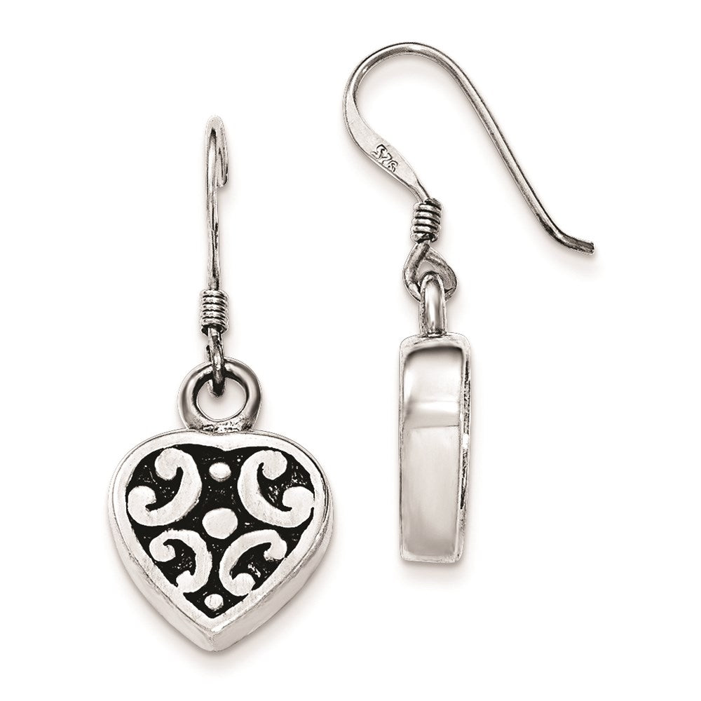 Sterling Silver Polished & Antiqued Heart Dangle Shepherd Hook Earrings, 29 x 13 mm