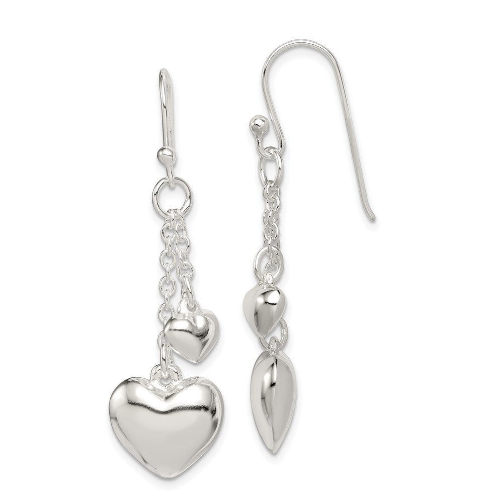 Sterling Silver Puffed Heart Shepherd Hook Earrings, 46 x 14 mm