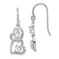 Sterling Silver RH-plated CZ Heart Dangle Shepherd Hook Earrings, 33 x 12 mm