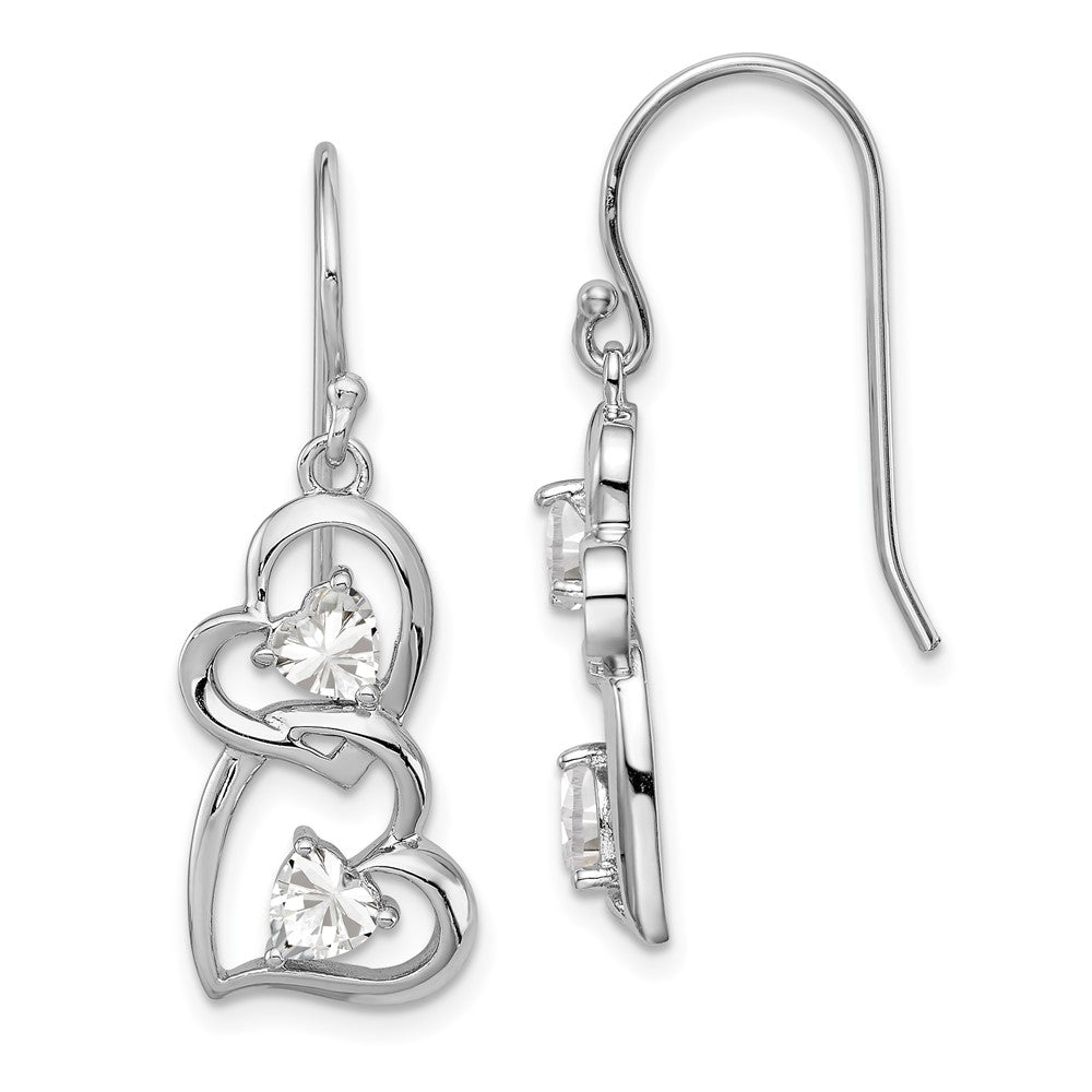 Sterling Silver RH-plated CZ Heart Dangle Shepherd Hook Earrings, 33 x 12 mm