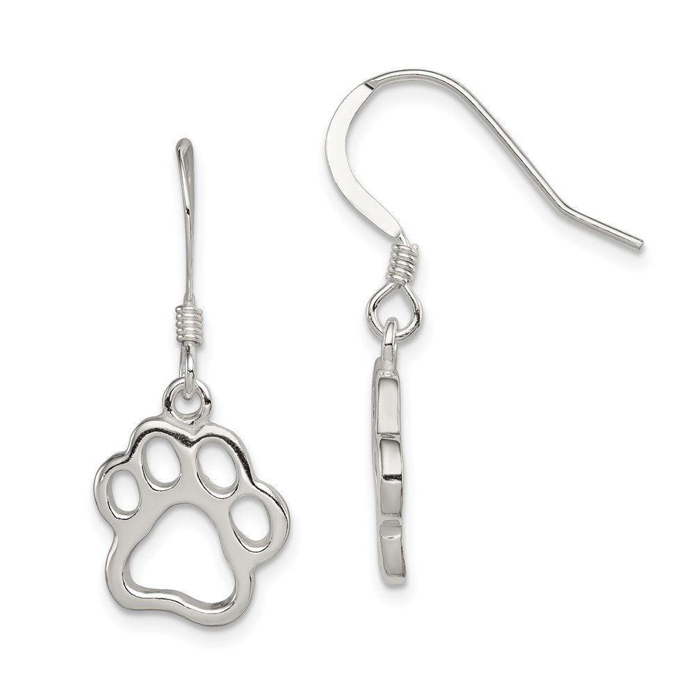 Sterling Silver Polished Paw Print Shepherd Hook Earrings, 30 x 13 mm