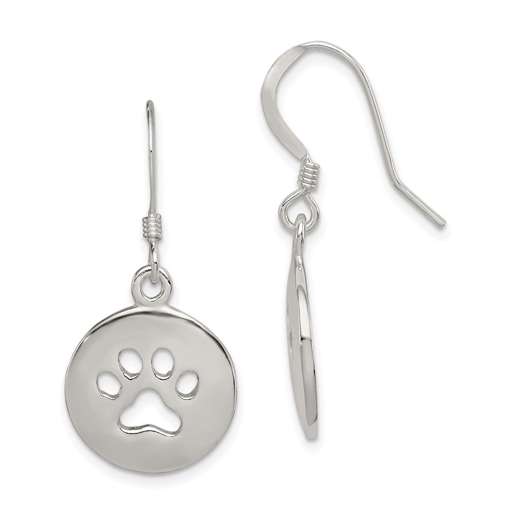 Sterling Silver Polished Paw Print Shepherd Hook Earrings, 33 x 16 mm
