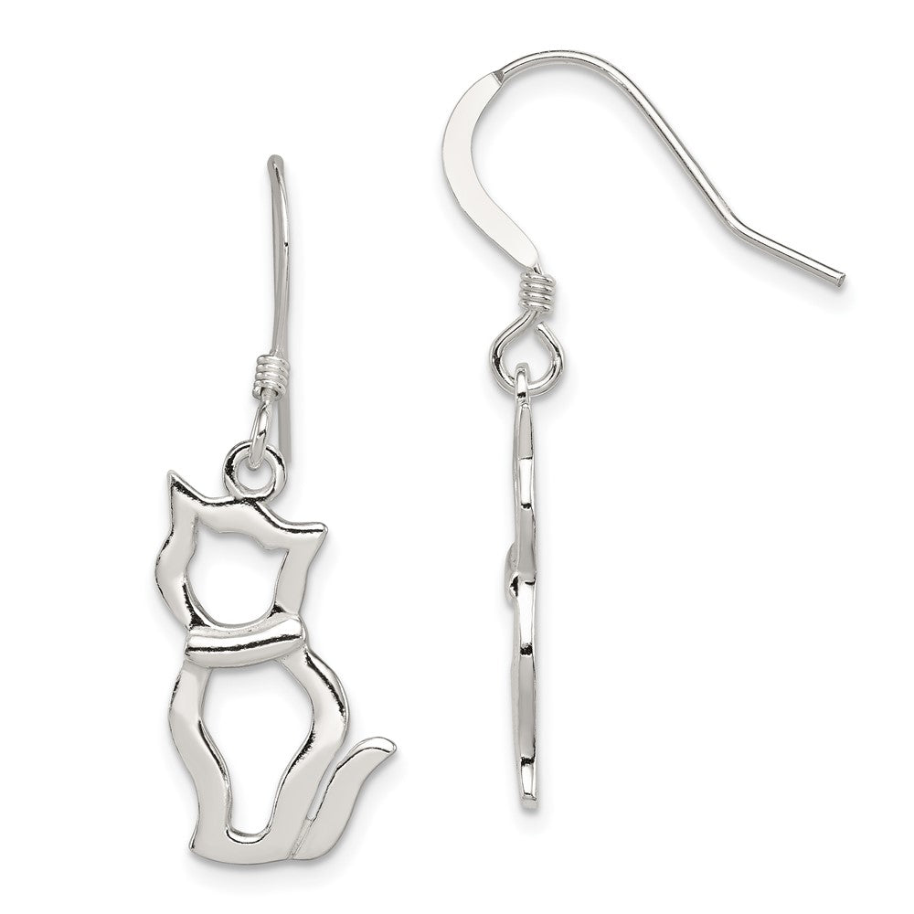 Sterling Silver Polished Cat Shepherd Hook Earrings, 35 x 17 mm