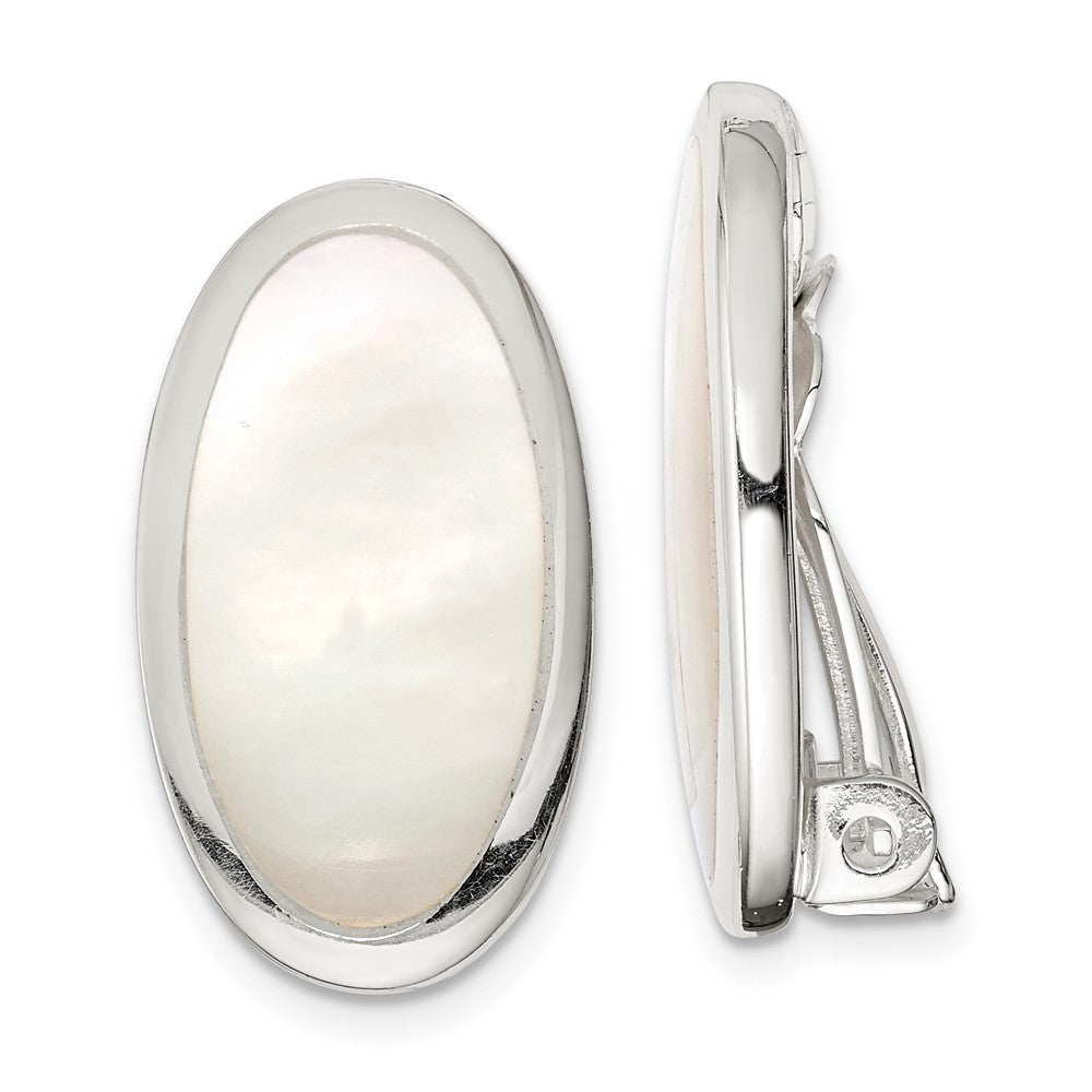 Sterling Silver Rhodium-plated Polished Mother of Pearl Oval Non Pierced Earrings, 22 x 12 mm