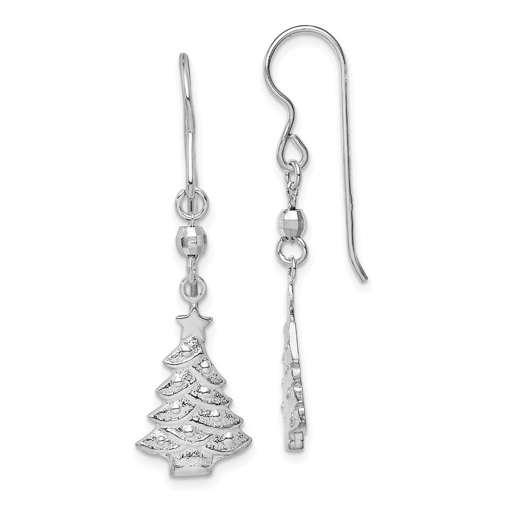 Sterling Silver Rhodium Plated Christmas Tree Dangle Earrings, 42 x 12 mm