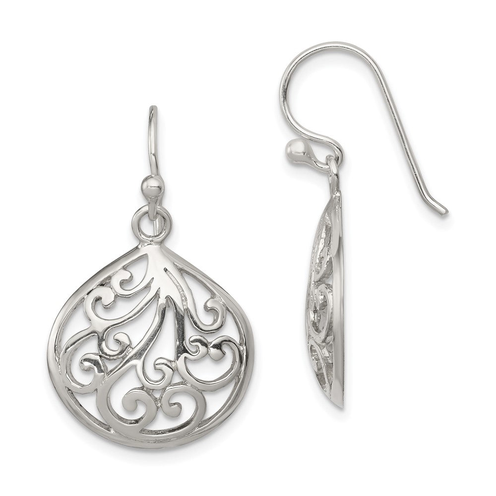 Sterling Silver Polished Filigree Swirl Wide Teardrop Dangle Earrings, 33 x 19 mm