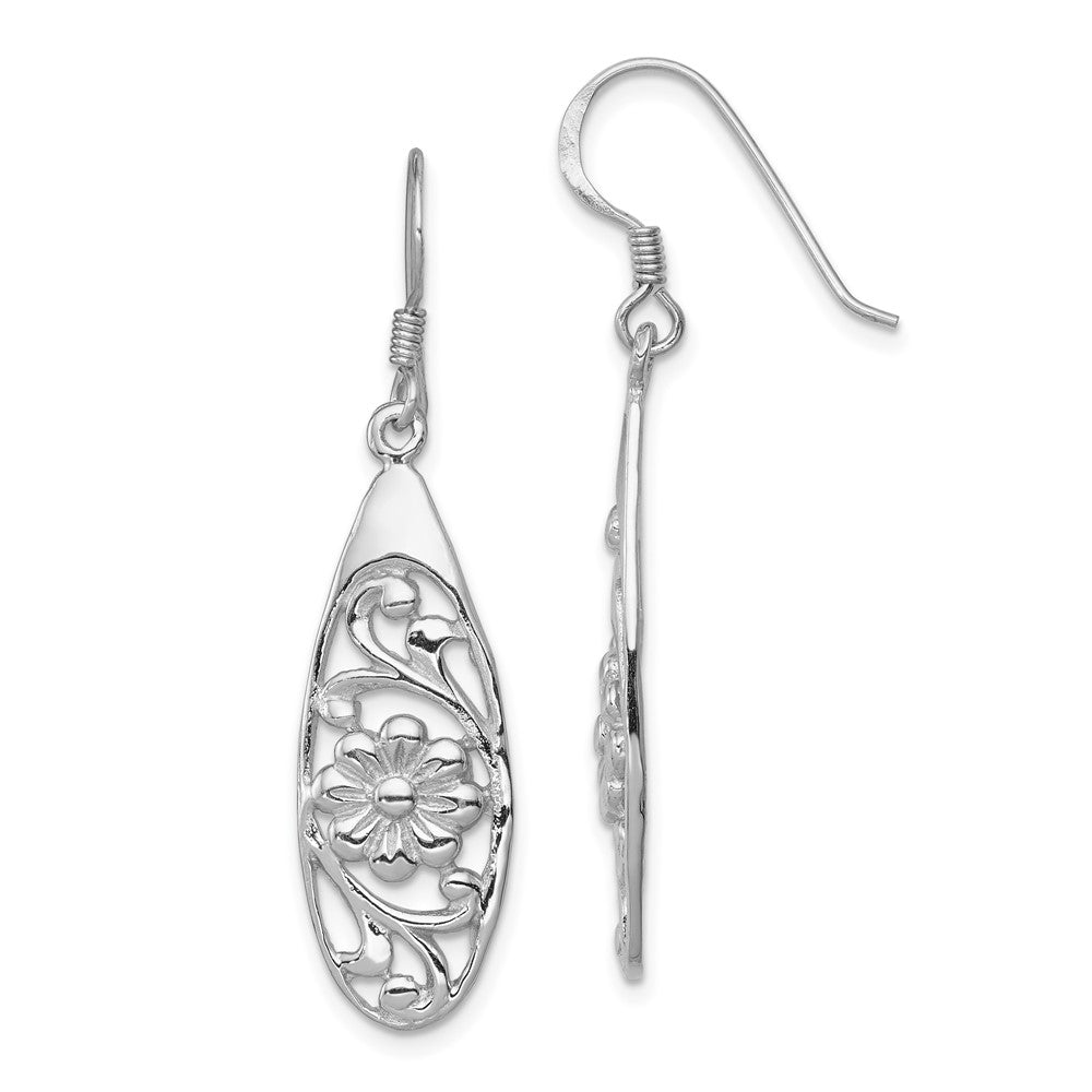 Sterling Silver Rhodium-plated Polished Fancy Flower Dangle Earrings, 45 x 10 mm