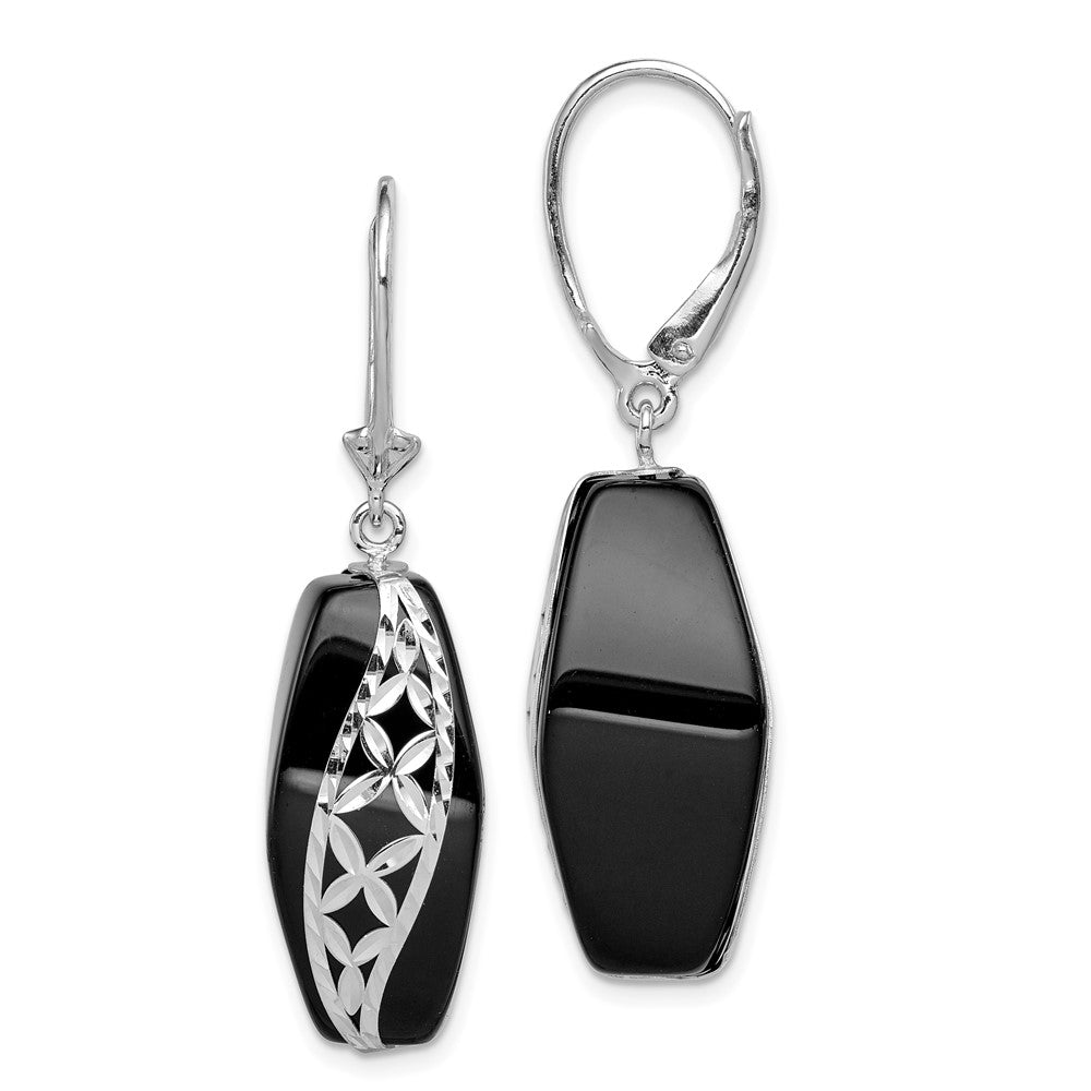 Sterling Silver Rhod-plated Polished & D/C Onyx Leverback Dangle Earrings, 47 x 14 mm