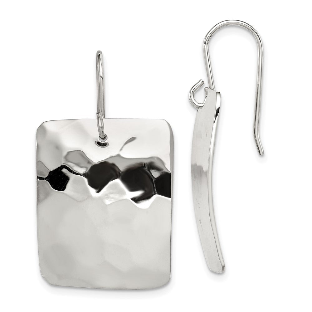 Sterling Silver Polished & Hammered Rectangle Dangle Earrings, 40 x 23 mm