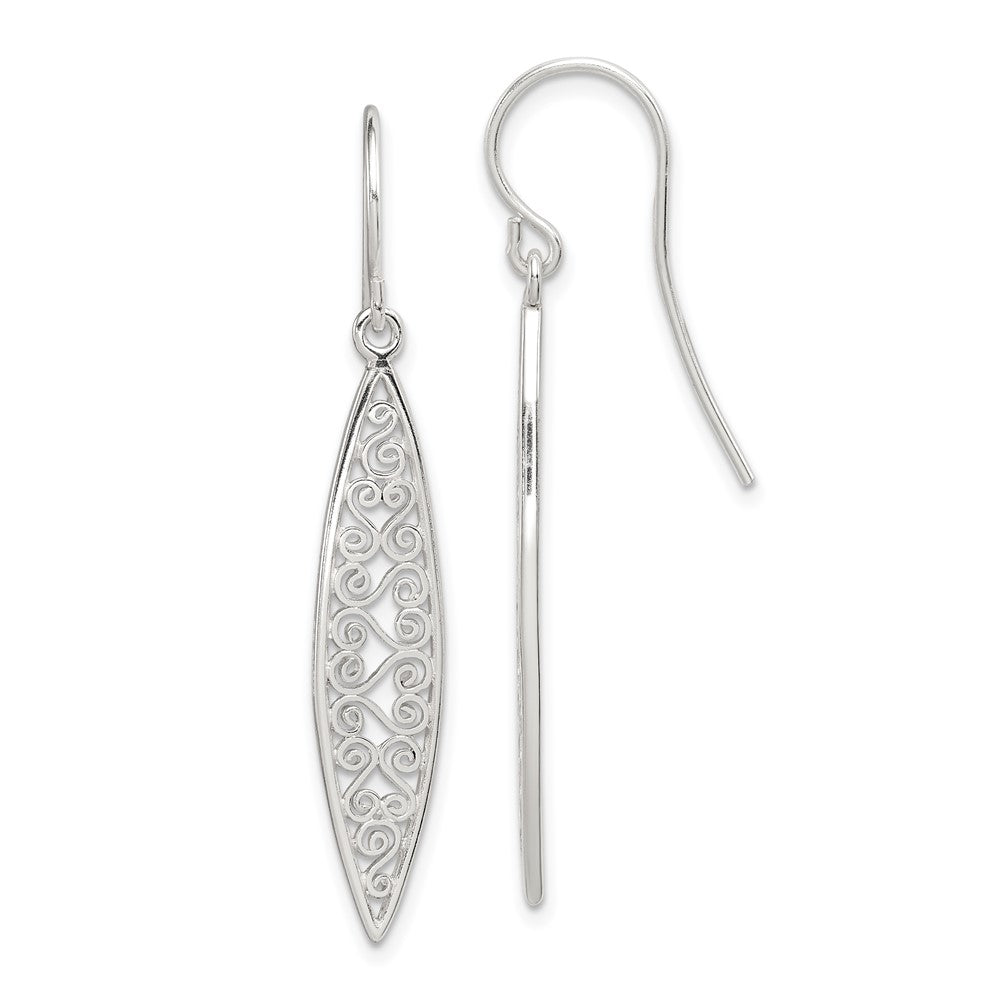 Sterling Silver Polished Filigree Marquise Shaped Dangle Earrings, 47 x 7 mm