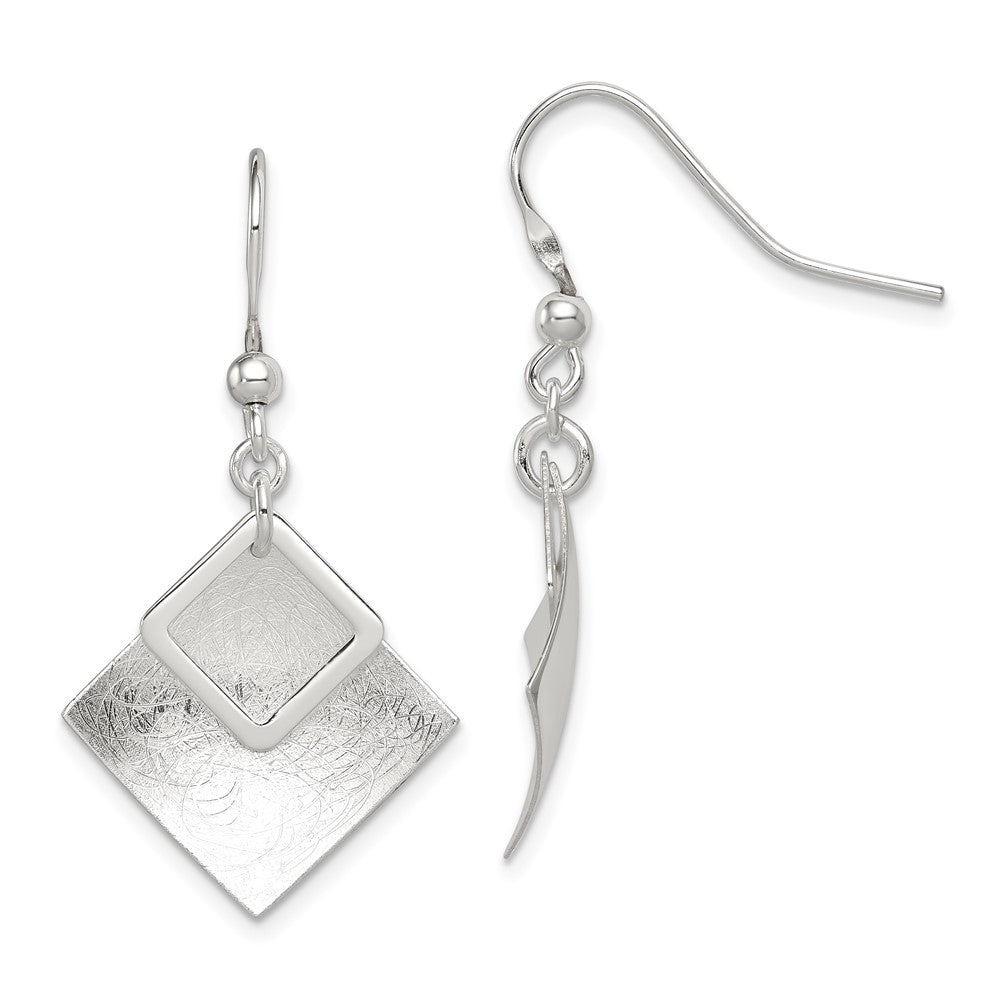 Sterling Silver Polished & Textured Double Diamond Shape Dangle Earrings, 38 x 21 mm