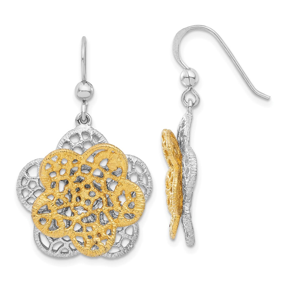 Sterling Silver Rhodium-plated Gold-tone Flower Dangle Earrings, 36.3 x 22.4 mm