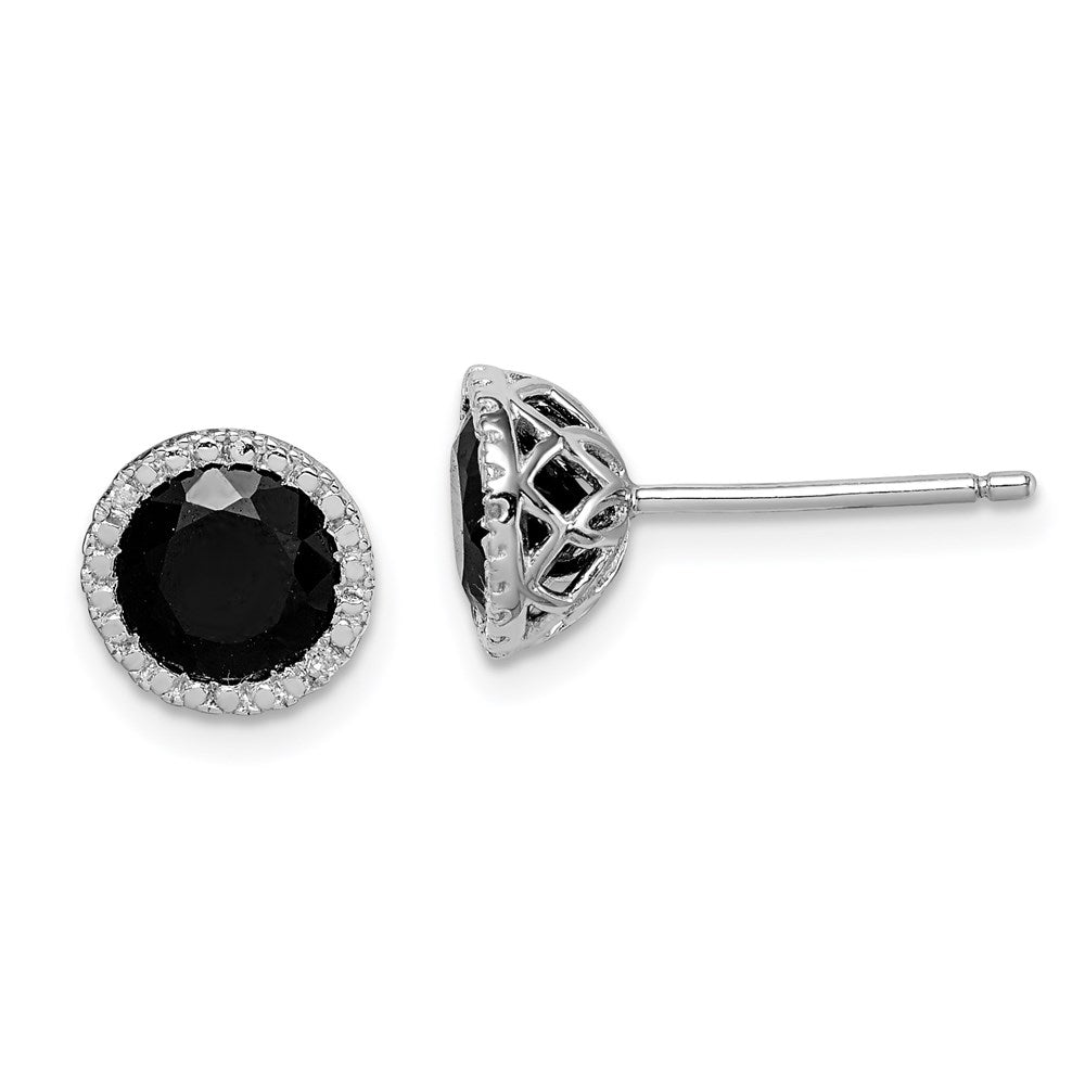 Sterling Silver Rhodium-plated Black Sapphire & Diamond Post Earrings, 2.01 ct, 8 x 8 mm