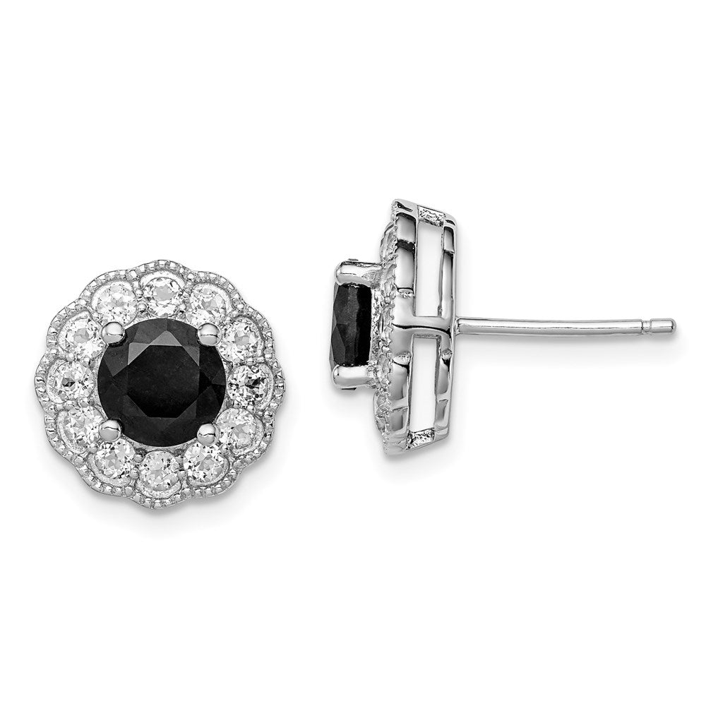 Sterling Silver Rhodium-plated Black Sapphire & White Topaz Post Earrings, 3.09 ct, 13 x 13 mm
