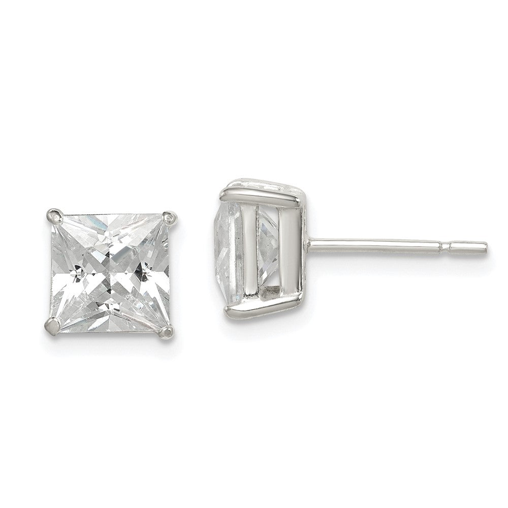 Sterling Silver Polished 7mm Princess CZ Stud Earrings, 8 x 8 mm