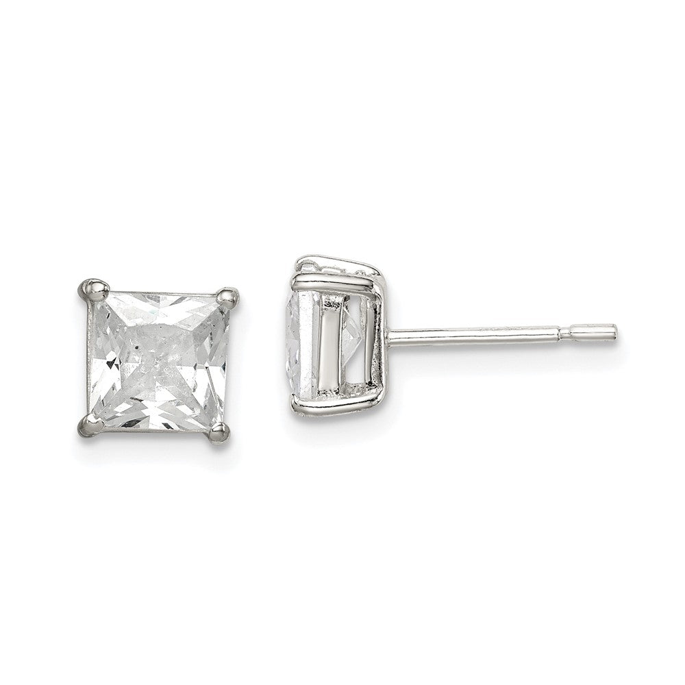 Sterling Silver Polished 6mm Princess CZ Stud Earrings, 7 x 7 mm