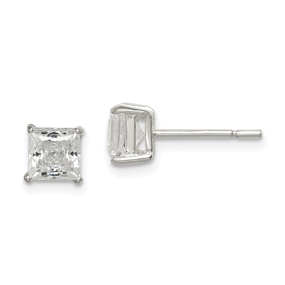 Sterling Silver Polished 5mm Princess CZ Stud Earrings, 6 x 6 mm