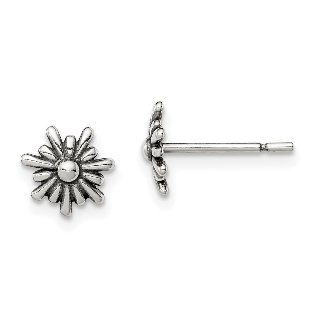 Sterling Silver Polished and Antiqued Flower Post Earrings, 8 x 8 mm
