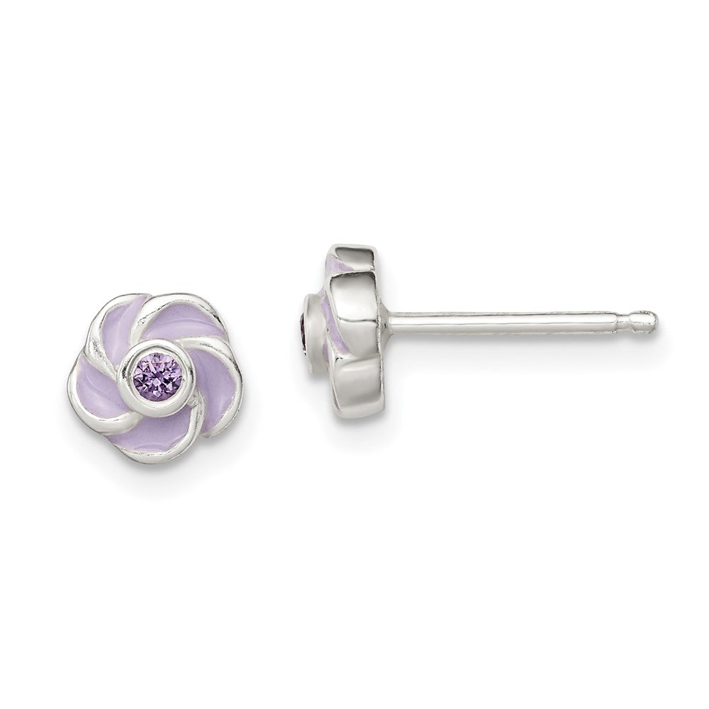 Sterling Silver Polished Purple CZ Enamel Flower Post Earrings, 7 x 7 mm