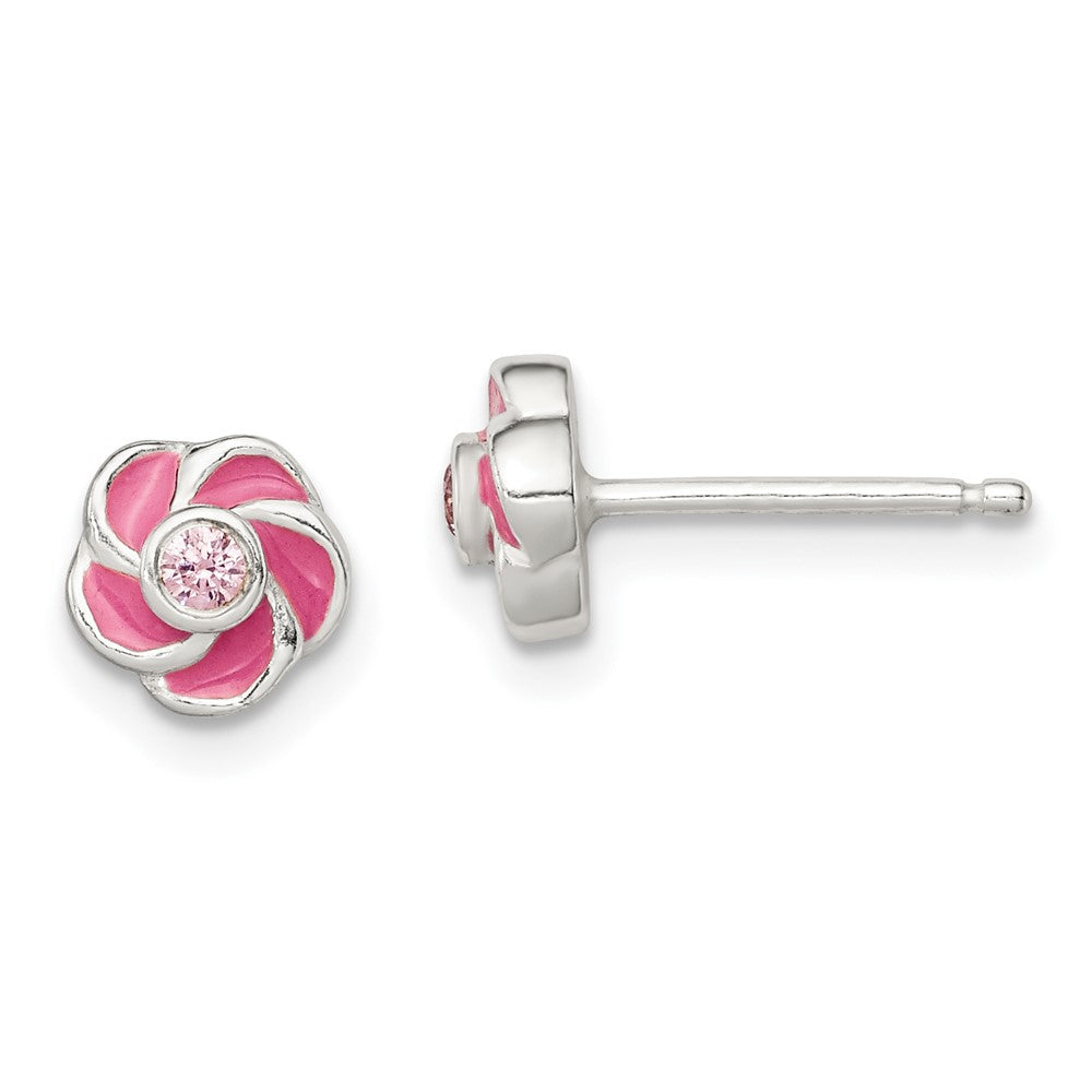 Sterling Silver Polished Enamel Flower CZ Post Earrings, 7 x 7 mm