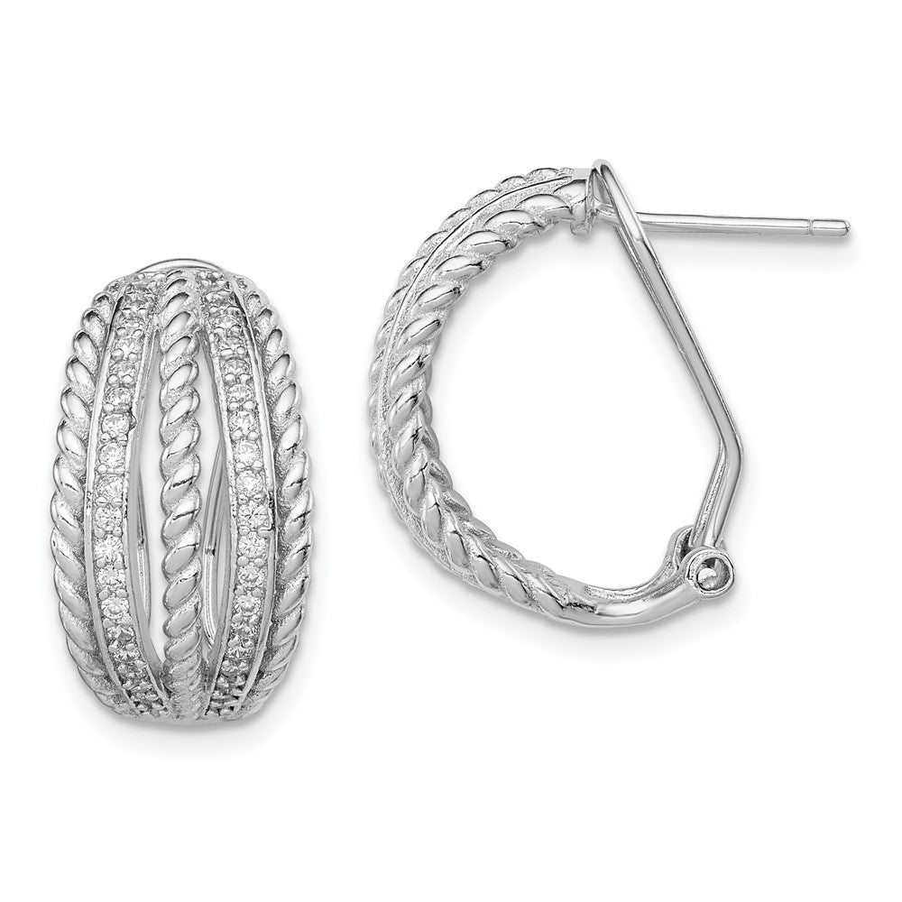 Sterling Silver RH-plated Polished Rope CZ Omega Back C-Hoop Earrings, 20 x 12 mm