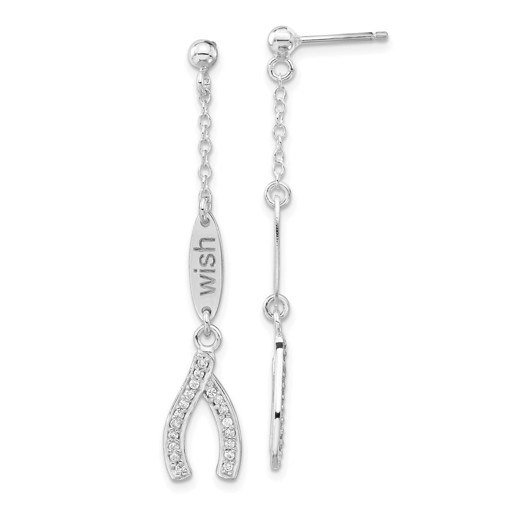 Sterling Silver Polished CZ Wishbone Dangle Post Earrings, 48 x 8.5 mm