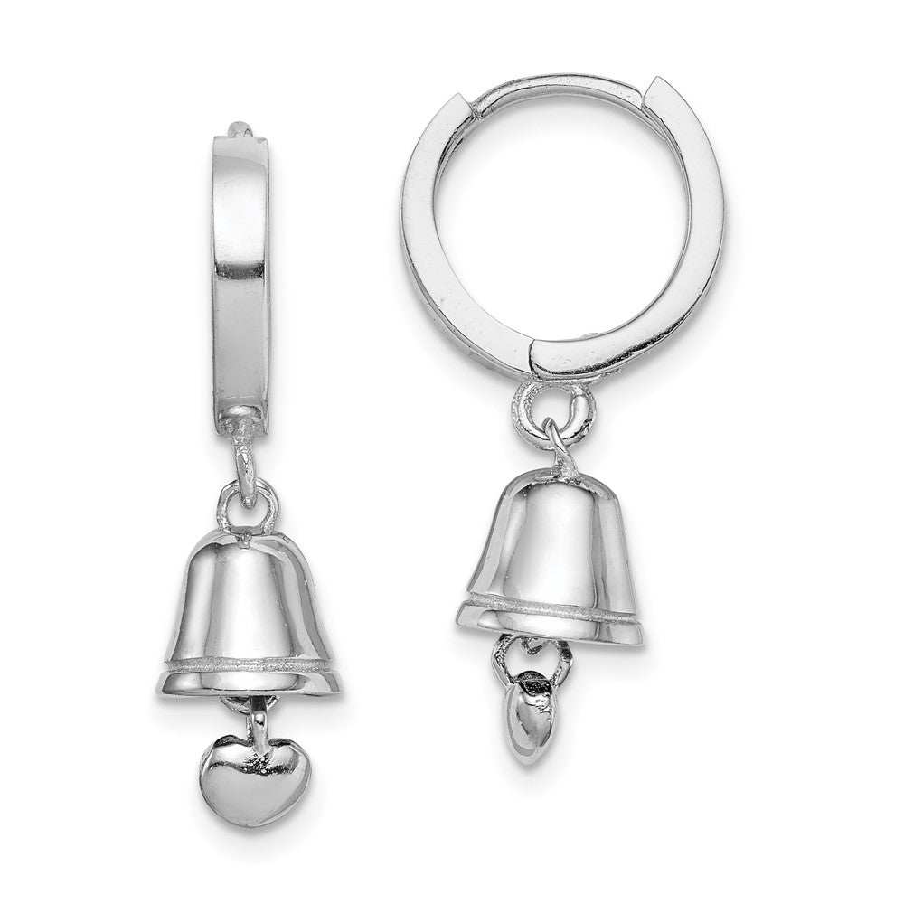 Sterling Silver RH-plated Polished Bell w/Heart Hinged Hoop Earrings, 25 x 13 mm