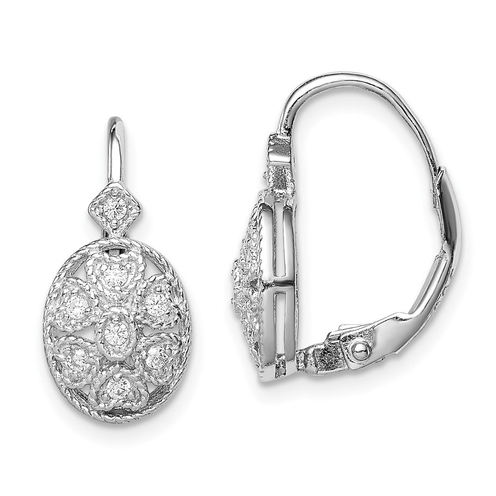 Sterling Silver Rhodium-plated Polished CZ Leverback Earrings, 17 x 13 mm