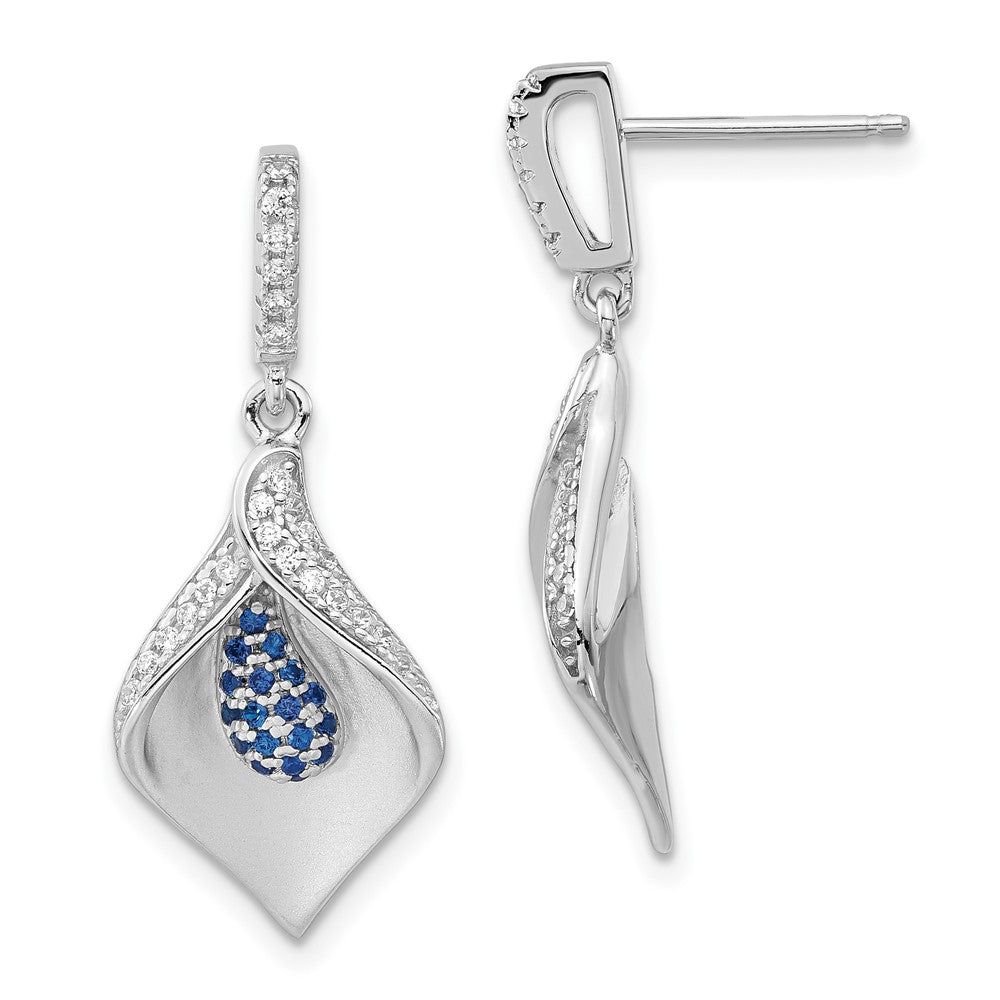 True Fire Sterling Silver Polished & Satin White & Blue CZ Dangle Post Earr, 30 x 12.4 mm