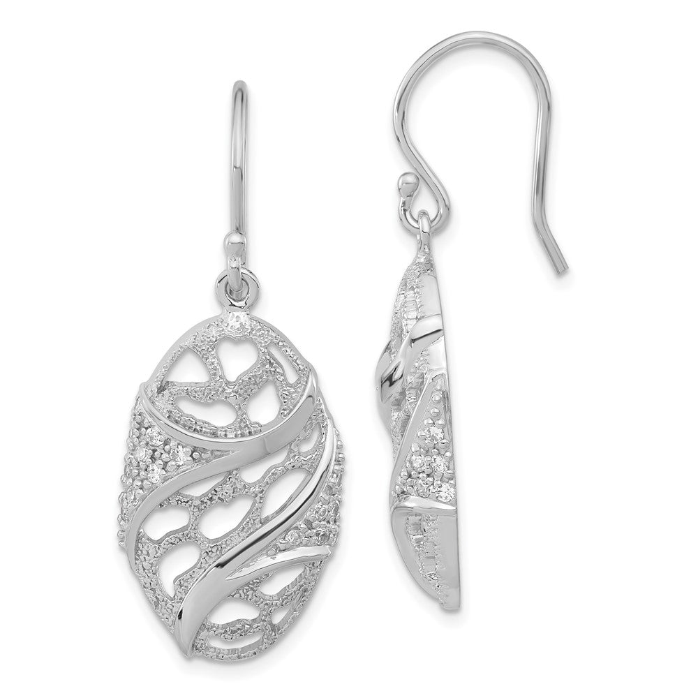Sterling Silver Polished & Textured CZ Oval Dangle Earrings, 43 x 16.5 mm