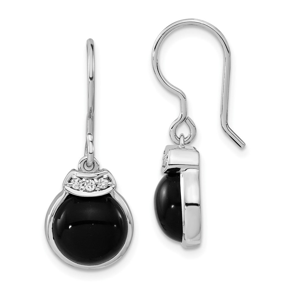 Sterling Silver Polished Round Black Agate & CZ Dangle Earrings, 30.25 x 11.7 mm