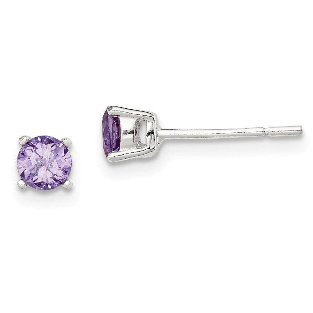 Sterling Silver Polished Round 4mm Purple CZ Stud Earrings, 4 x 4 mm