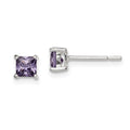 Sterling Silver Polished Square 4mm Purple CZ Stud Earrings, 4 x 4 mm