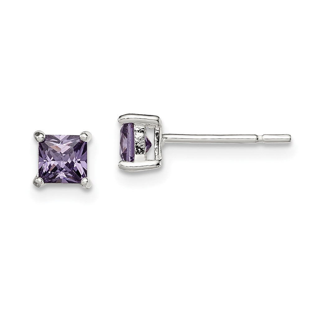 Sterling Silver Polished Square 4mm Purple CZ Stud Earrings, 4 x 4 mm