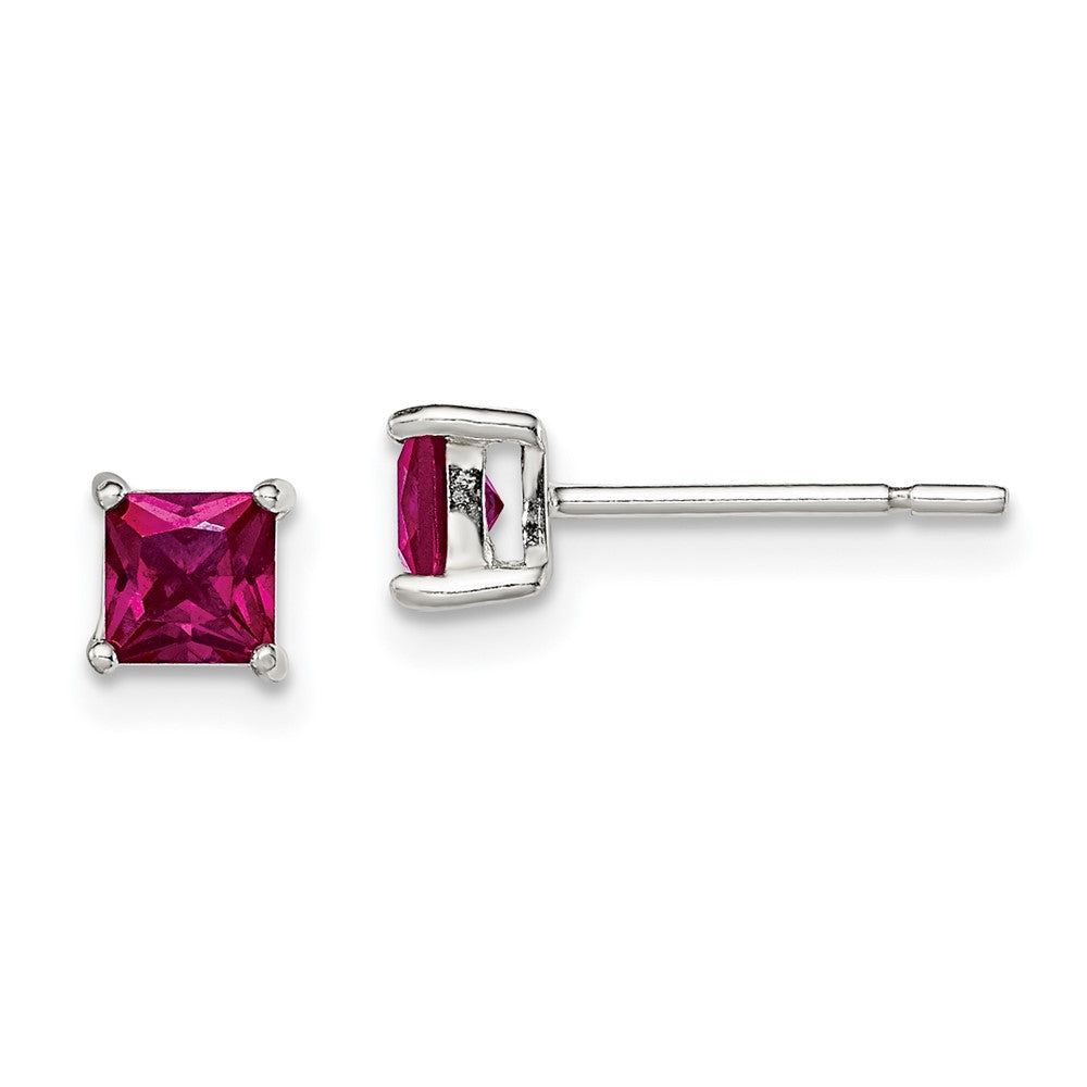Sterling Silver Polished 4mm Square Red Glass Stud Earrings, 4 x 4 mm, 0.73 g