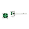 Sterling Silver Polished 4mm Square Green Glass Stud Earrings, 4 x 4 mm