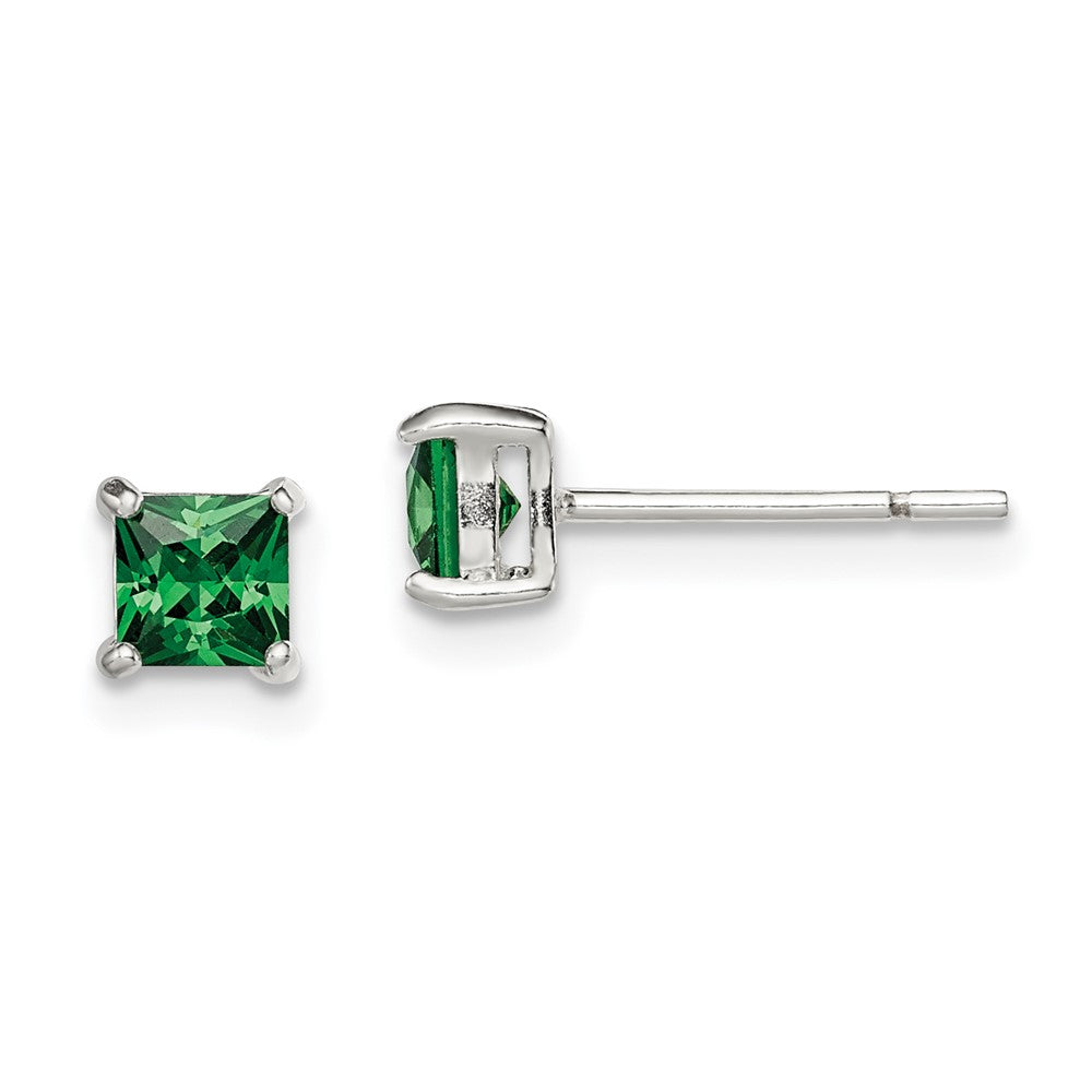 Sterling Silver Polished 4mm Square Green Glass Stud Earrings, 4 x 4 mm