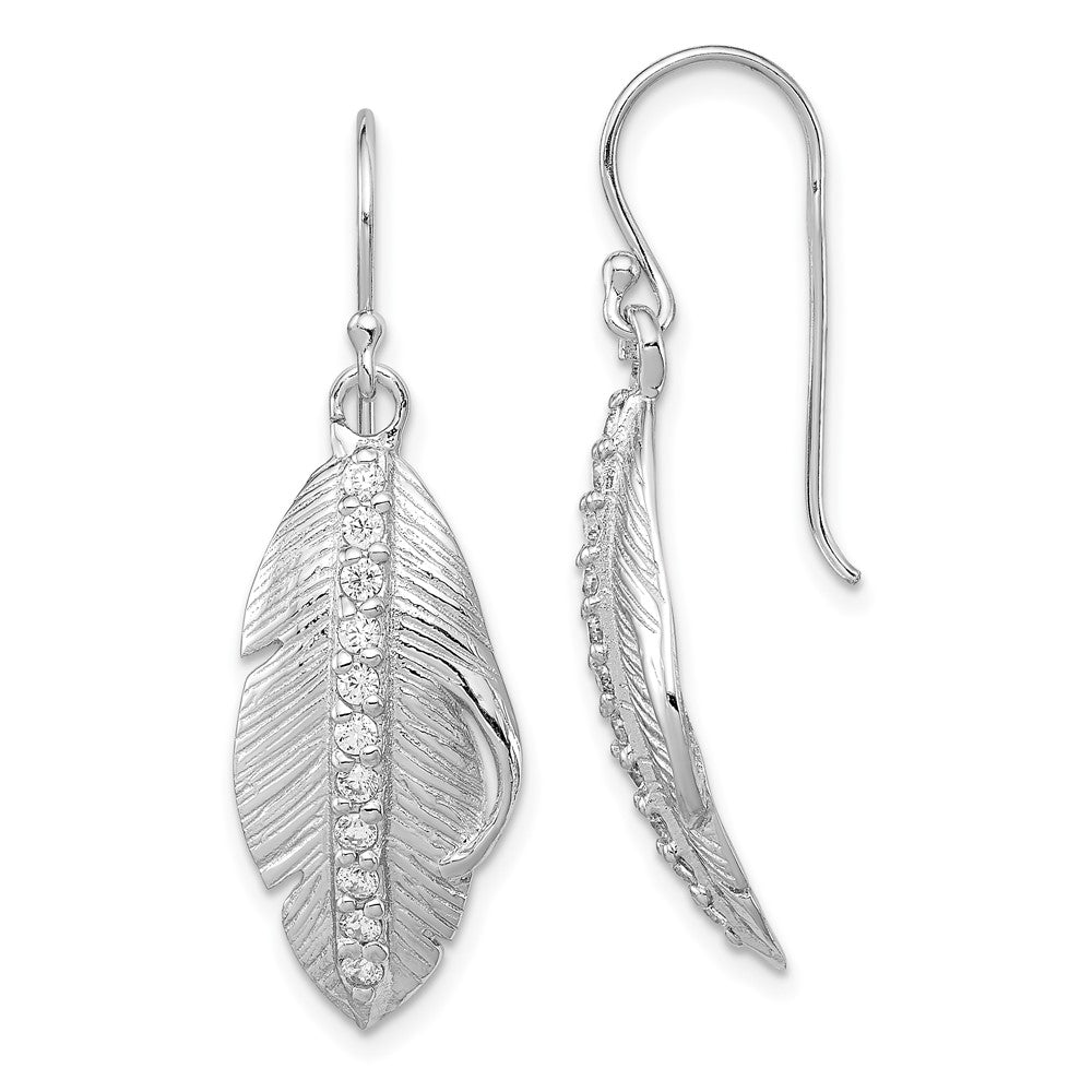 Sterling Silver RH-plated CZ Textured Feather Shepherd Hook Earrings, 45 x 13 mm