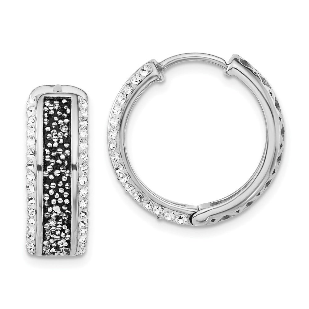 Sterling Silver Polished White & Black Crystal Hinged Round Hoop Earrings, 19.75 x 19 mm