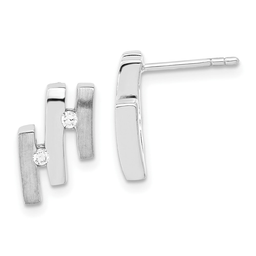 Sterling Silver Brushed And Polished CZ Post Earrings, 13.3 x 8.8 mm