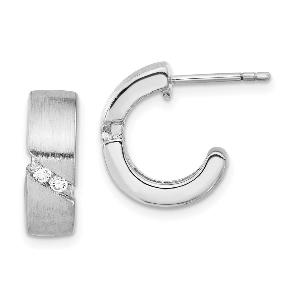 Sterling Silver Polished & Brushed CZ Post Hoop Earrings, 16 x 14 mm