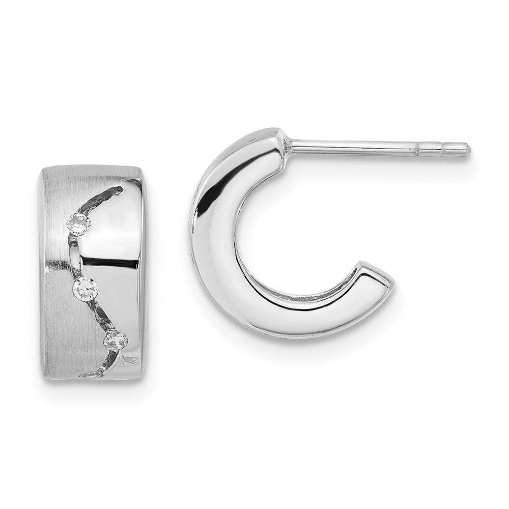 Sterling Silver Brushed & Polished CZ Post C-Hoop Earrings, 12.5 x 12.5 mm