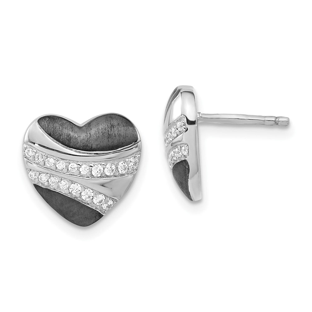 Sterling Silver w/ Black Rhodium Polished & Satin CZ Heart Post Earrings, 12.15 x 12.6 mm