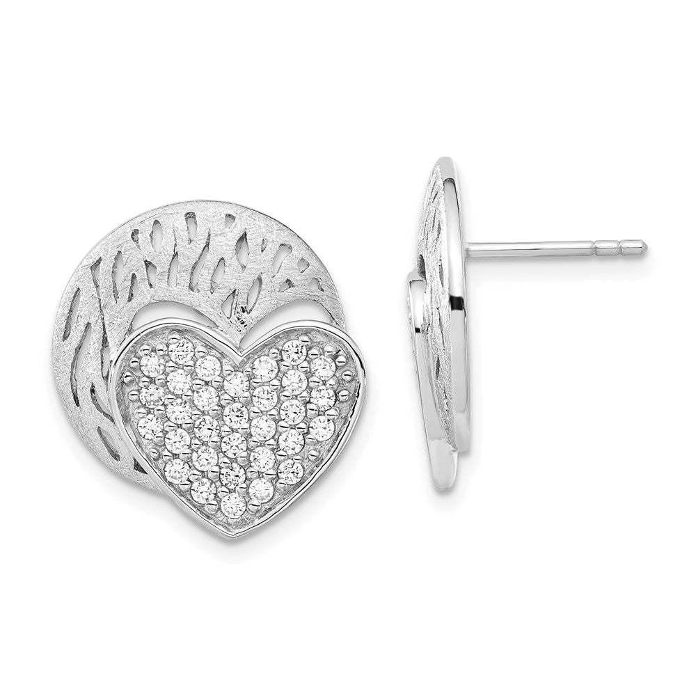 Sterling Silver Polished & Brushed CZ Heart Circle Post Earrings, 19.8 x 18.6 mm