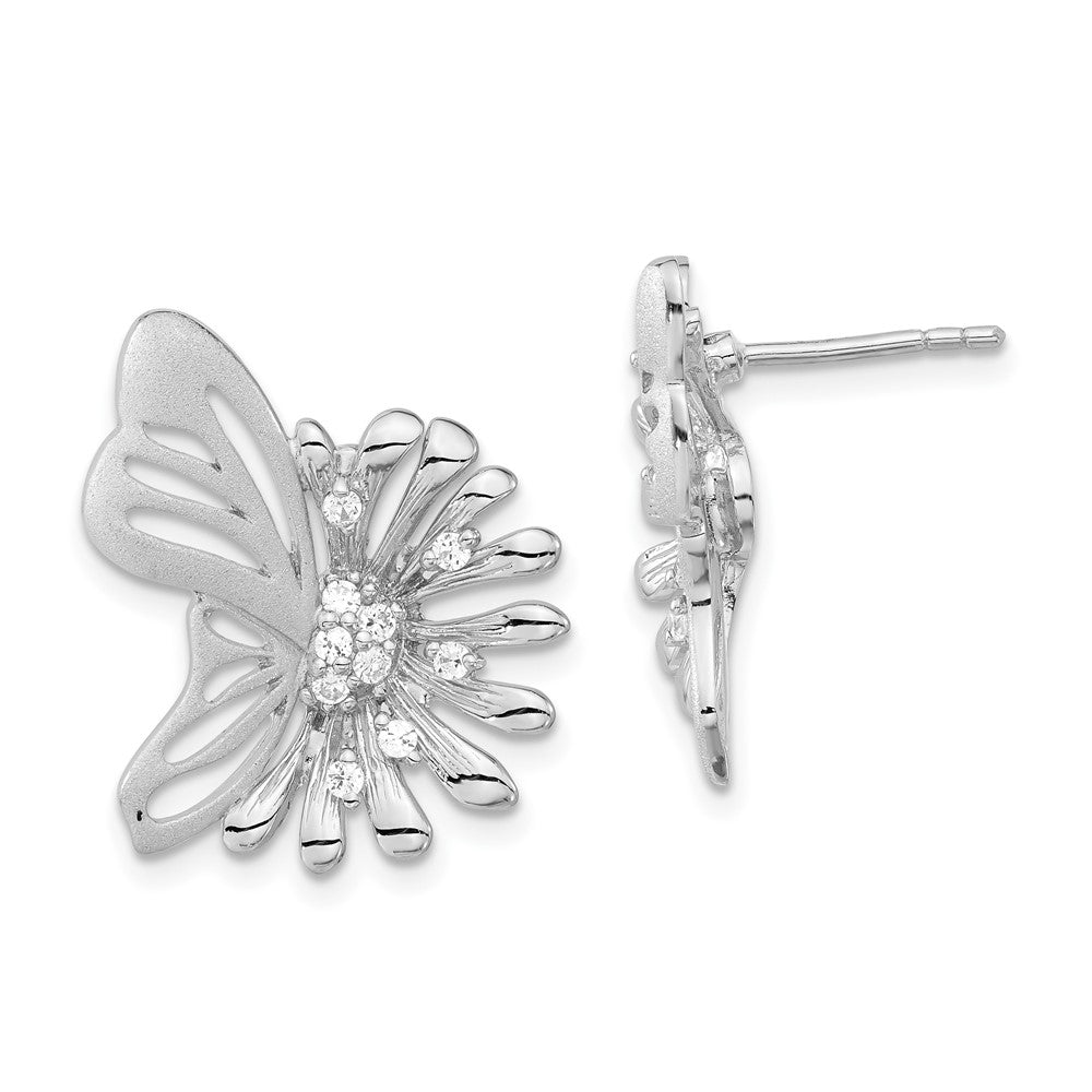 Sterling Silver Polished & Satin Flower Butterfly CZ Post Earrings, 21.5 x 20 mm